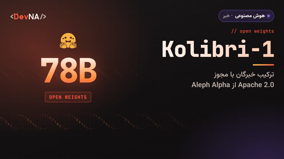کاور گرافیکی DevNA با لوگوی Hugging Face، عدد «78B» و نشان «OPEN WEIGHTS» برای خبر انتشار مدل Kolibri-1 شرکت Aleph Alpha