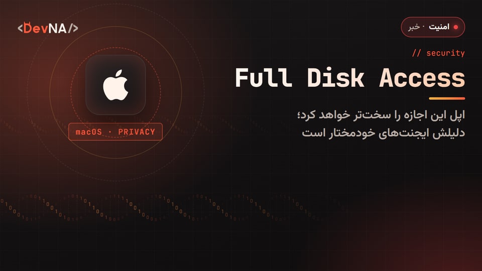 کاور گرافیکی DevNA با لوگوی اپل، برچسب macOS · PRIVACY، عنوان Full Disk Access و زیرعنوان سخت‌تر شدن دادن این اجازه به دلیل ایجنت‌های خودمختار