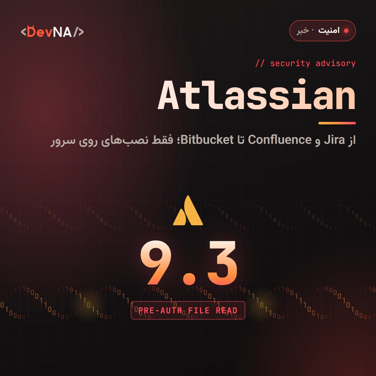 کاور گرافیکی DevNA با عدد بزرگ ۹٫۳ (امتیاز CVSS)، لوگوی Atlassian و برچسب PRE-AUTH FILE READ: از Jira و Confluence تا Bitbucket؛ فقط نصب‌های روی سرور