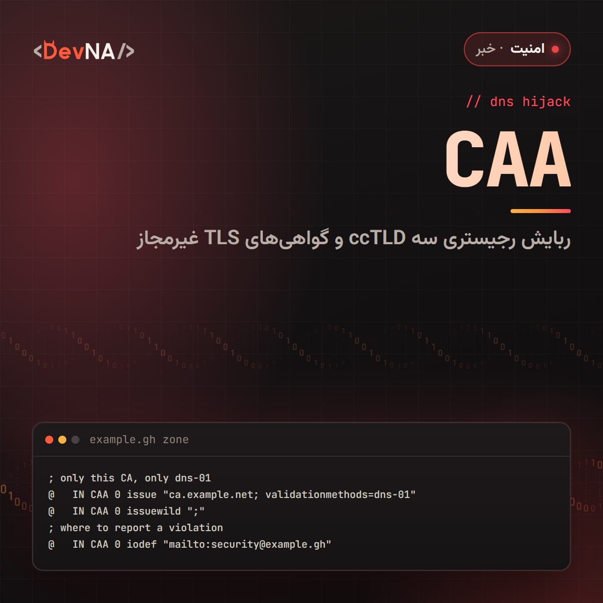 کاور گرافیکی DevNA با عنوان بزرگ «CAA» و پنجره کدی از فایل زون DNS شامل سه رکورد CAA محدودکننده برای example.gh، در تم قرمز هشدار
