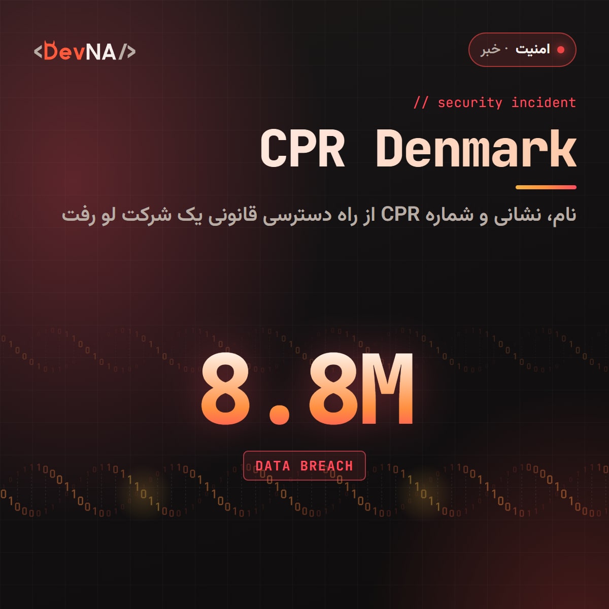کاور گرافیکی DevNA با عدد بزرگ ۸٫۸ میلیون و برچسب DATA BREACH: نشت نام، نشانی و شماره CPR دانمارک از راه دسترسی قانونی یک شرکت خصوصی