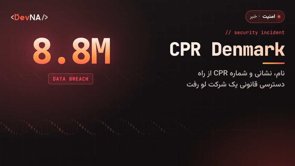 کاور گرافیکی DevNA با عدد بزرگ ۸٫۸ میلیون و برچسب DATA BREACH: نشت نام، نشانی و شماره CPR دانمارک از راه دسترسی قانونی یک شرکت خصوصی