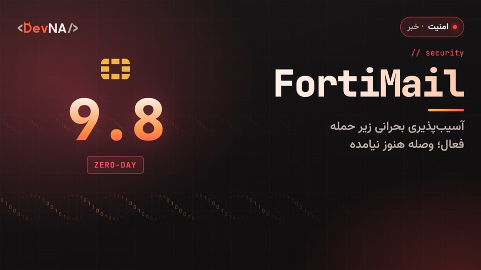 کاور گرافیکی DevNA با عدد بزرگ ۹٫۸ (امتیاز CVSS)، لوگوی Fortinet و برچسب ZERO-DAY: زیرودی بحرانی FortiMail زیر حمله فعال