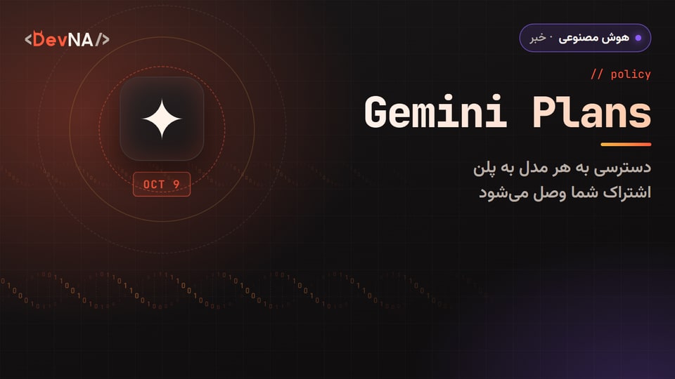 کاور گرافیکی DevNA با لوگوی Gemini، برچسب OCT 9، عنوان Gemini Plans و زیرعنوان «دسترسی به هر مدل به پلن اشتراک شما وصل میشود»