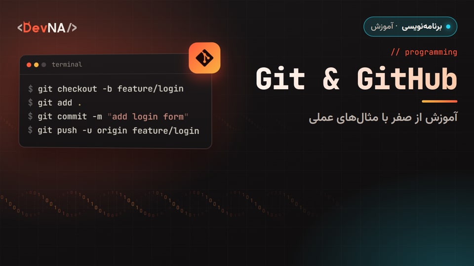 کاور گرافیکی DevNA با عنوان «Git & GitHub»: آموزش از صفر با مثالهای عملی