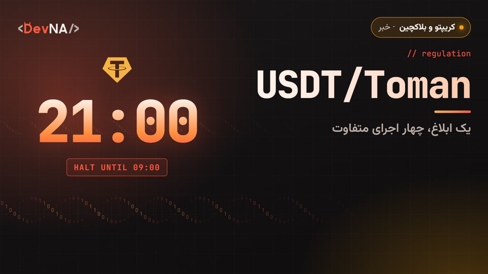 کاور گرافیکی DevNA با عنوان «USDT/Toman»، لوگوی تتر، ساعت بزرگ «21:00» و برچسب «HALT UNTIL 09:00» به نشانه توقف شبانه بازار تتر–تومان در صرافیهای ایرانی