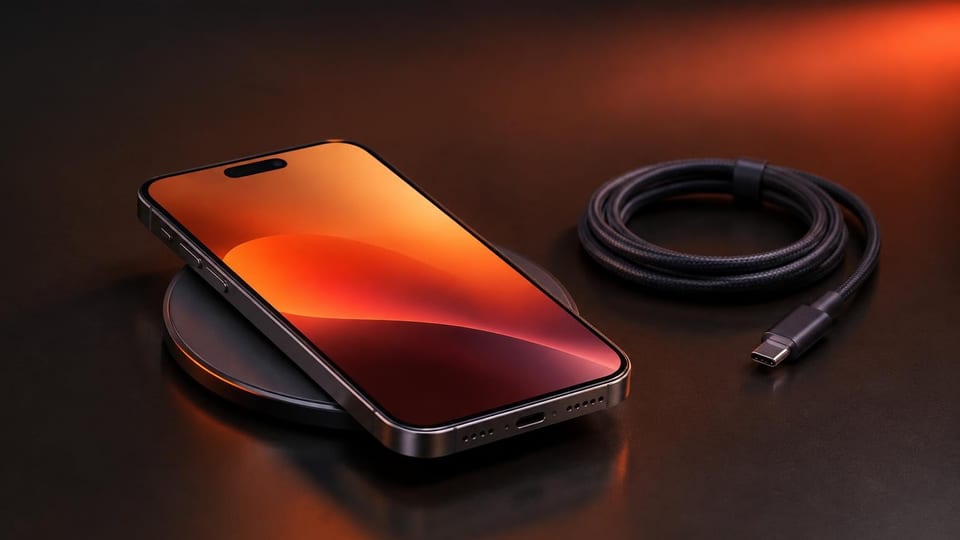 گوشی هوشمند روی شارژر بیسیم باریک با کابل USB-C کنار آن روی سطح تیره