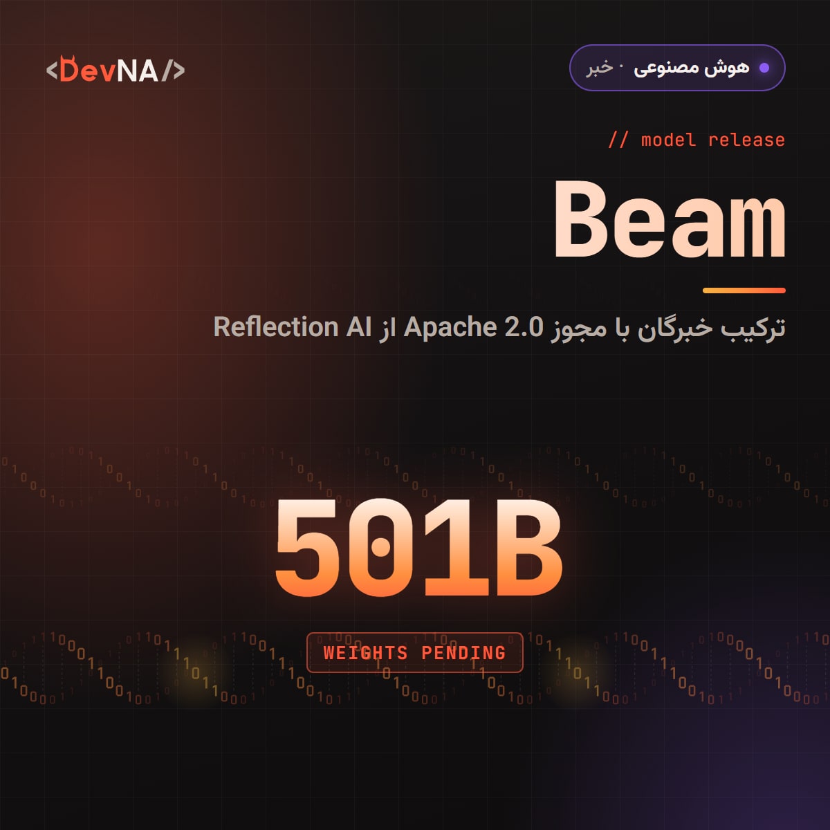 کاور گرافیکی DevNA با عدد «501B» و نشان «WEIGHTS PENDING» برای خبر معرفی مدل Beam شرکت Reflection AI