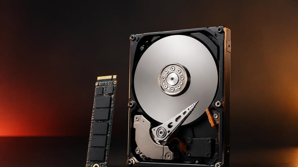 یک SSD از نوع M.2 NVMe کنار هارددیسک ۳٫۵ اینچی بازشده با صفحه و هد خواندن روی سطح تیره