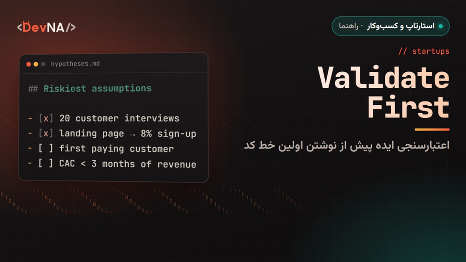 کاور گرافیکی DevNA با عنوان «Validate First»: اعتبارسنجی ایده پیش از نوشتن اولین خط کد